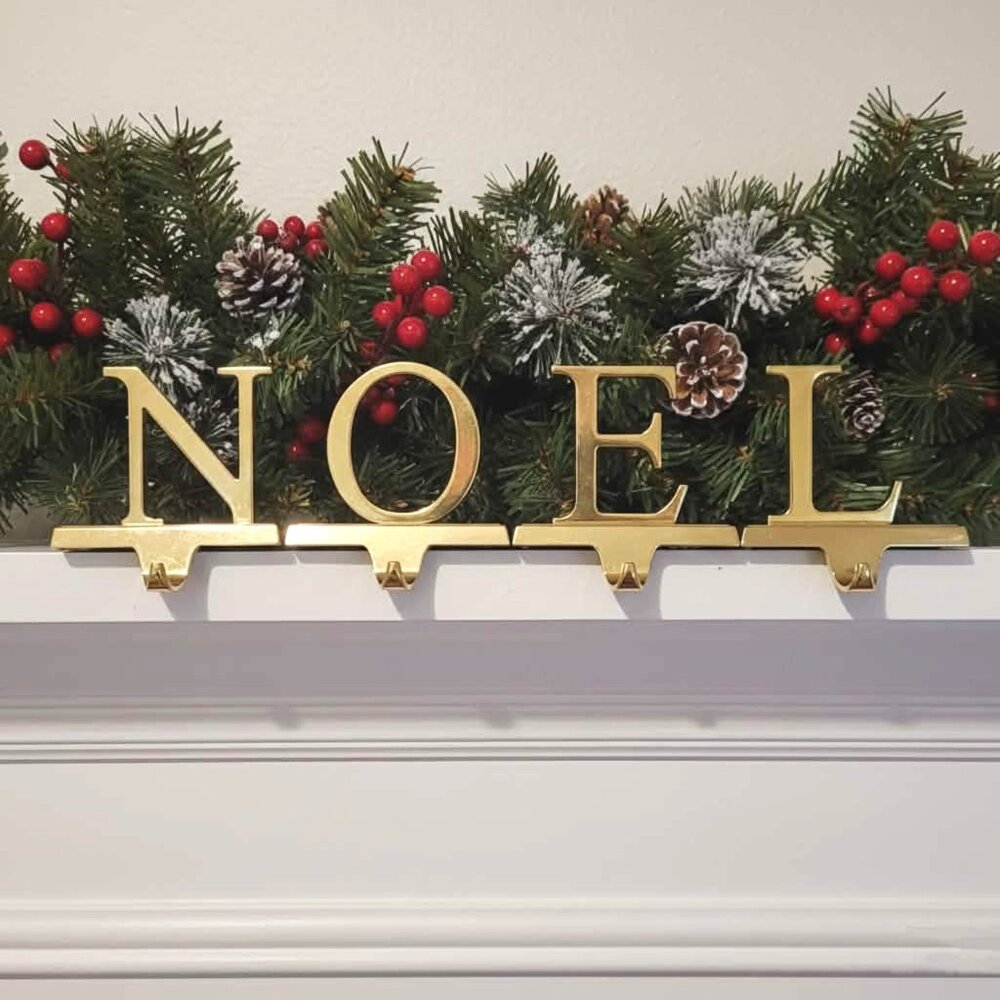 NOEL Christmas Stocking Hangers Gold Tone Metal Mantle Hooks Set of 4 Holiday